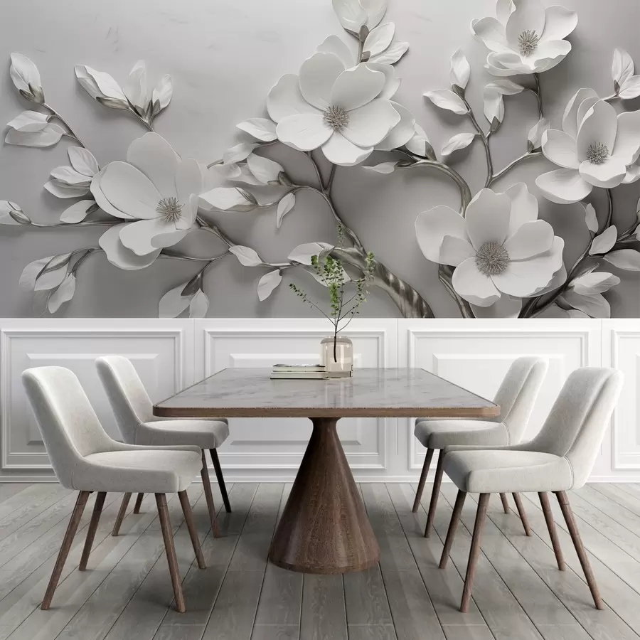 wall murals Dimensional floral branch in pure white and neutral tones w04039v2