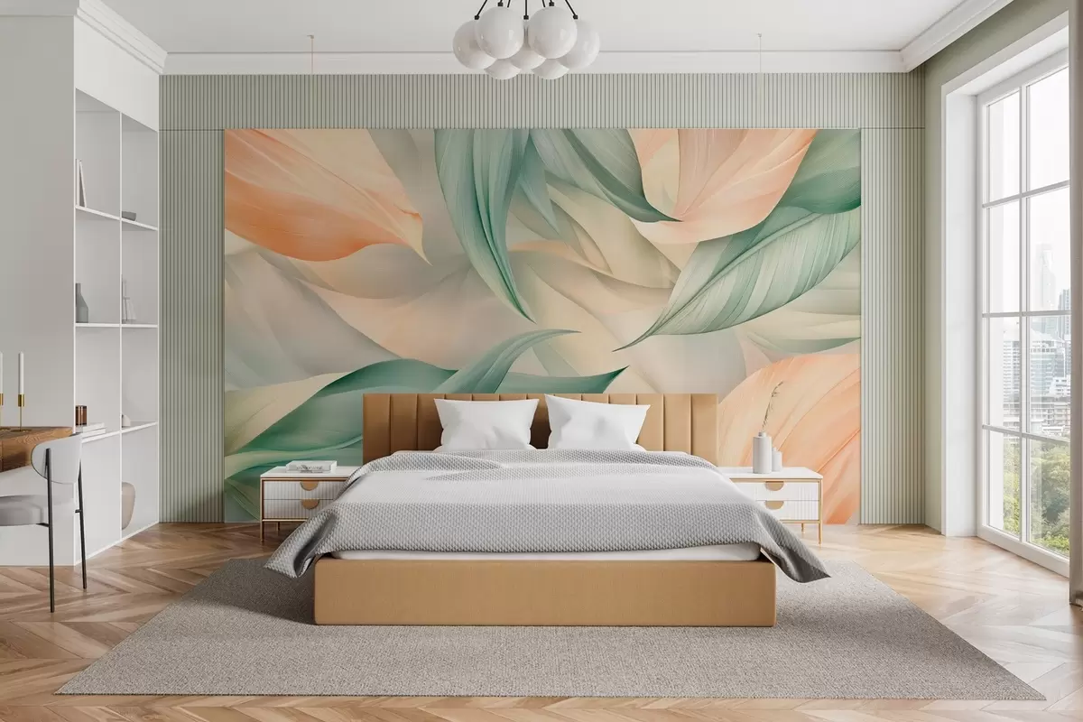 wall murals exotic tropical leaves in delicate peach and green tones w03962