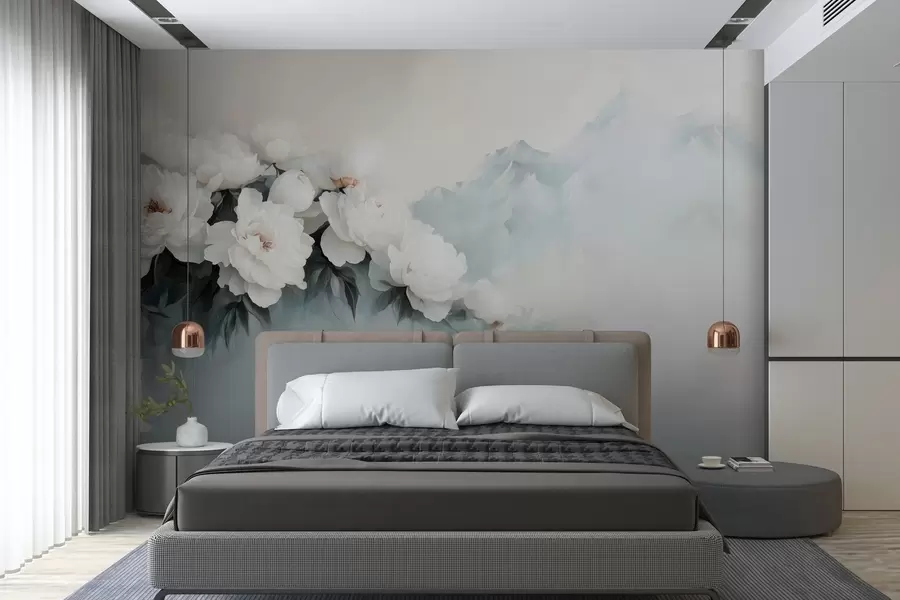 wall murals picturesque lush white peonies against the backdrop of foggy mountains w03965