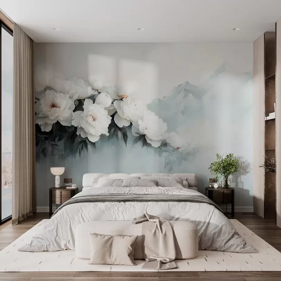wall murals picturesque lush white peonies against the backdrop of foggy mountains w03965