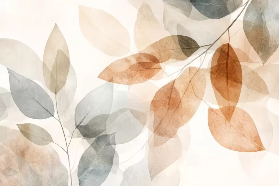 wall murals watercolor-style leaves in shades of sepia and gray w04024