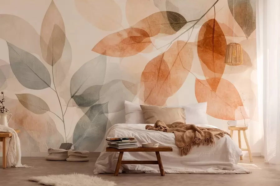 wall murals watercolor-style leaves in shades of sepia and gray w04024