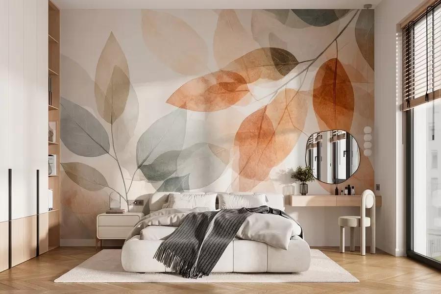wall murals watercolor-style leaves in shades of sepia and gray w04024