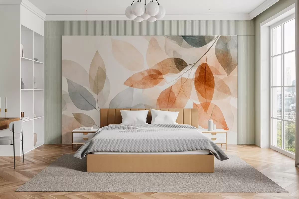 wall murals watercolor-style leaves in shades of sepia and gray w04024