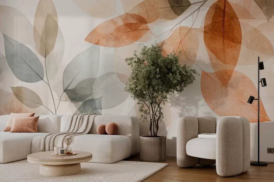 wall murals watercolor-style leaves in shades of sepia and gray w04024