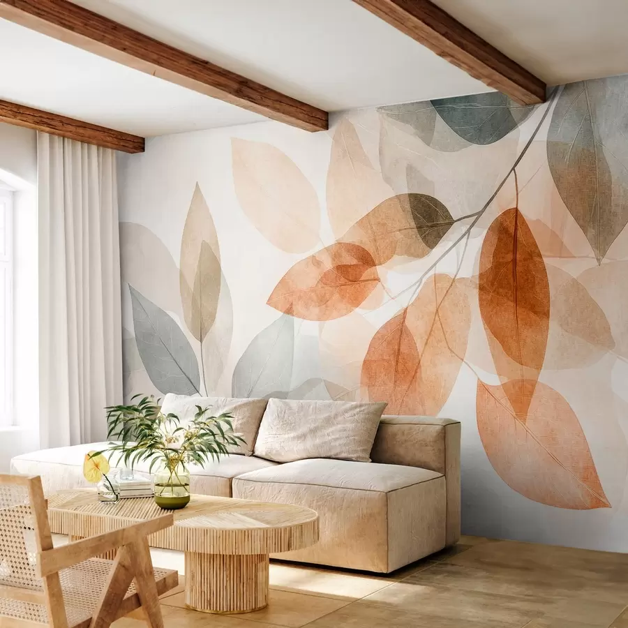 wall murals watercolor-style leaves in shades of sepia and gray w04024