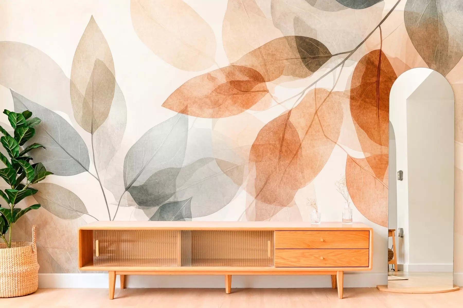 wall murals watercolor-style leaves in shades of sepia and gray w04024