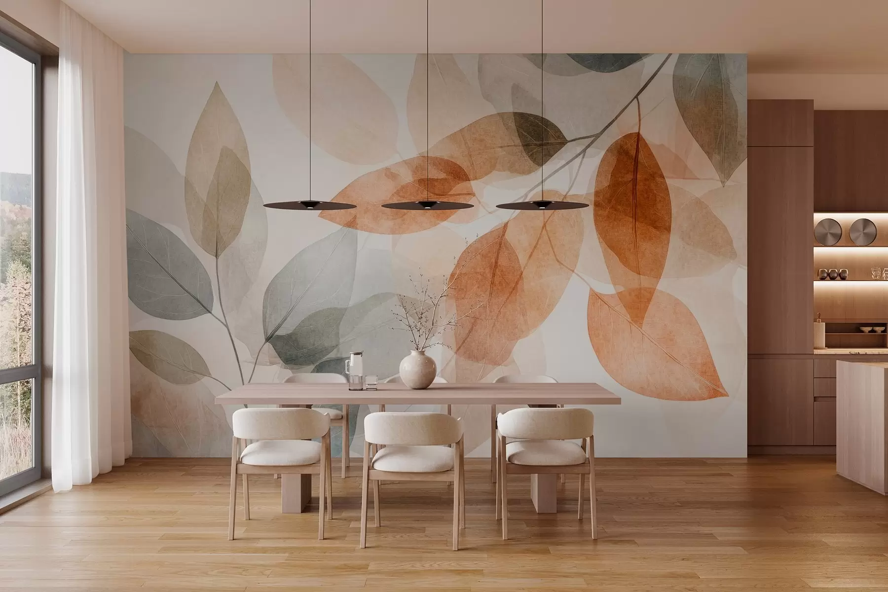 wall murals watercolor-style leaves in shades of sepia and gray w04024