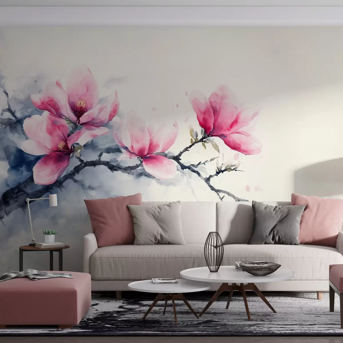 wall murals blooming branch of pink magnolia on an ivory background w04027