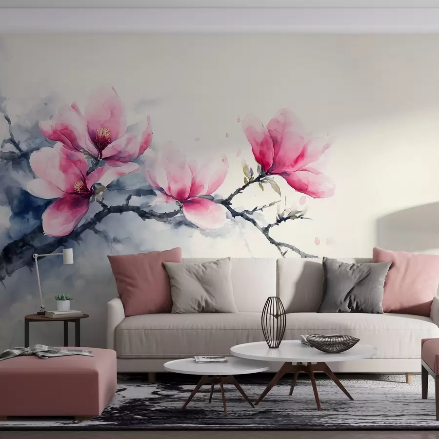 wall murals blooming branch of pink magnolia on an ivory background w04027