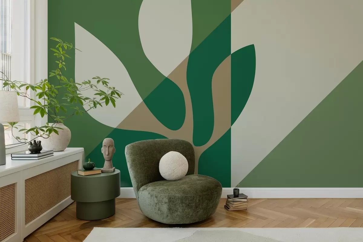 wall murals abstract graphic plant on the background of geometry in green and ocher colors w04028