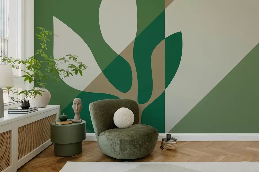 wall murals abstract graphic plant on the background of geometry in green and ocher colors w04028