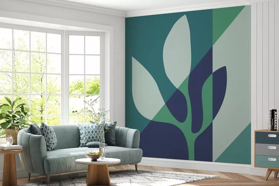 wall murals abstract graphic plant on the background of geometry in blue tones w04028v1