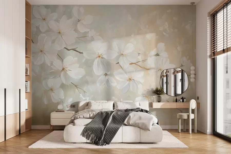 wall murals delicate blooming apricot branch in the style of oil painting in pastel colors w04029
