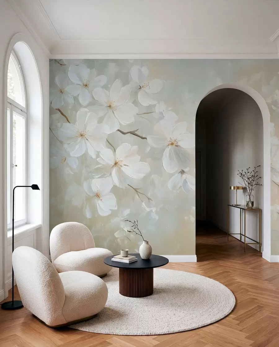 wall murals delicate blooming apricot branch in the style of oil painting in pastel colors w04029