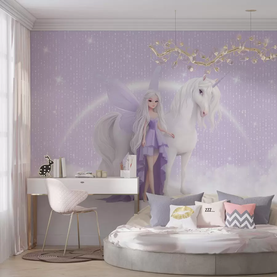 wall murals A fairy with a unicorn among the clouds w03527