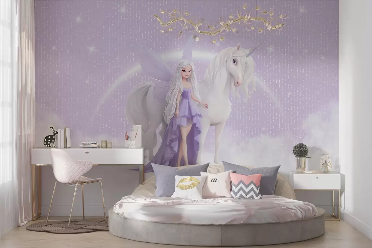 wall murals A fairy with a unicorn among the clouds w03527