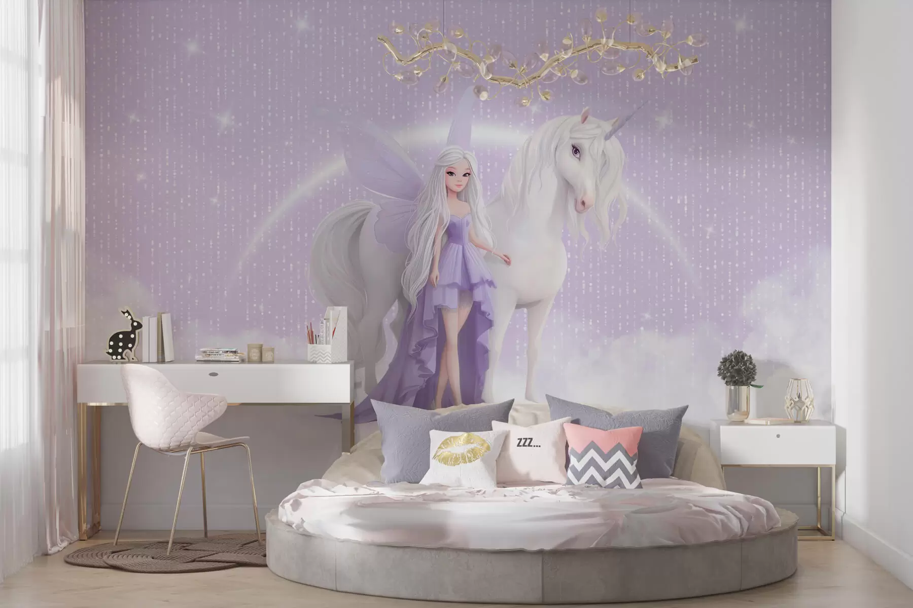 wall murals A fairy with a unicorn among the clouds w03527