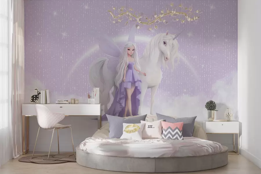 wall murals A fairy with a unicorn among the clouds w03527