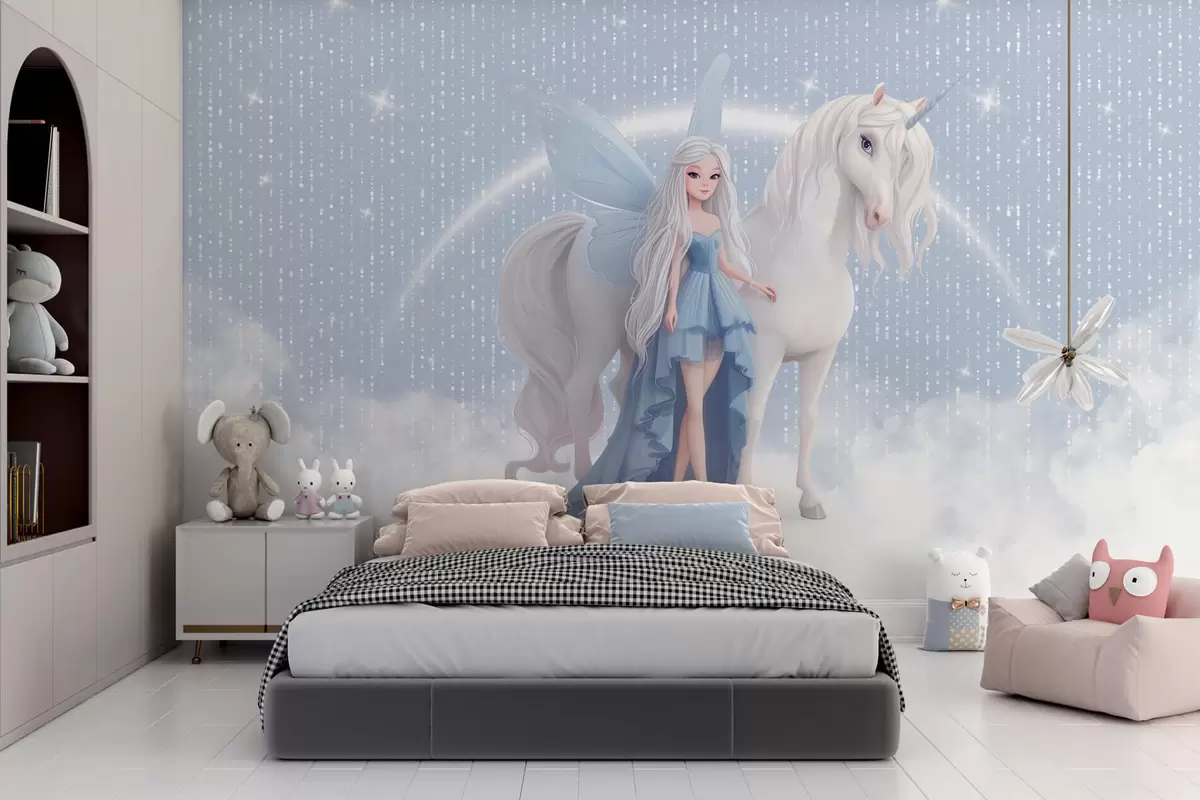 wall murals A fairy with a unicorn among the clouds w03527v1