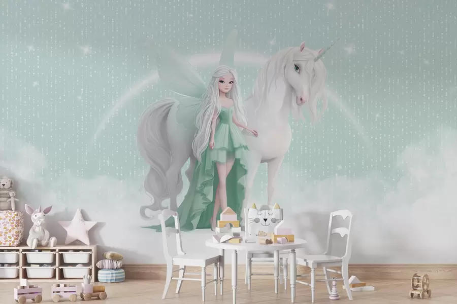 wall murals A fairy with a unicorn among the clouds w03527v2
