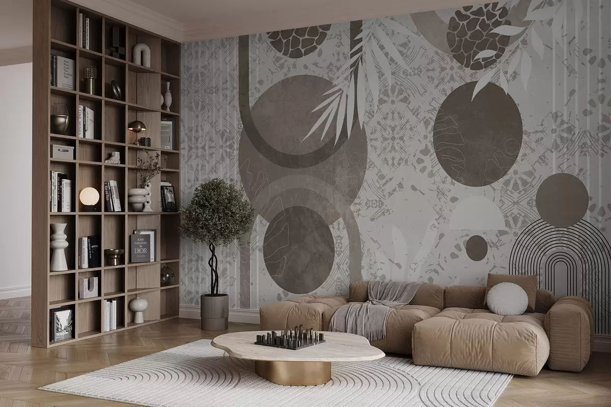 wall murals Abstract textural geometric shapes in brown and white, circles, arches, and botanical elements, modern and minimalist design  w09130