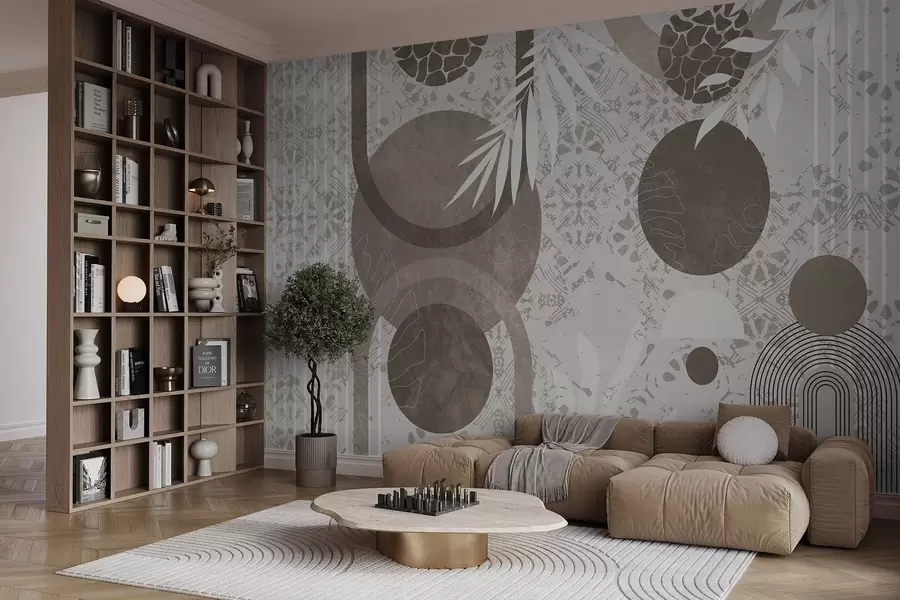 wall murals Abstract textural geometric shapes in brown and white, circles, arches, and botanical elements, modern and minimalist design  w09130