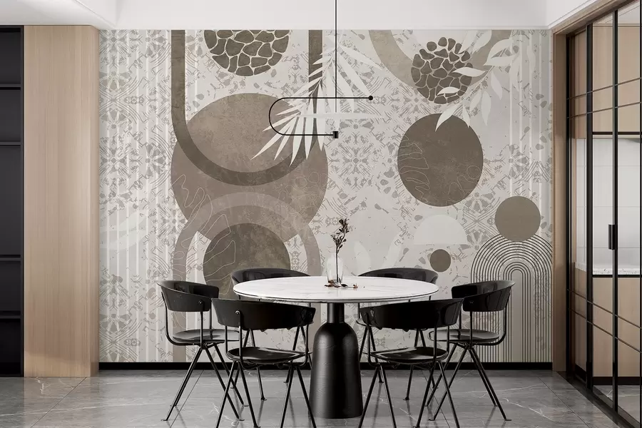 wall murals Abstract textural geometric shapes in brown and white, circles, arches, and botanical elements, modern and minimalist design  w09130