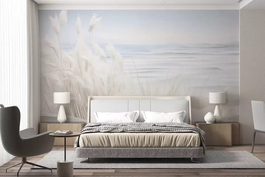 wall murals Landscape with white pampas grass on a sand dune, with a light blue ocean in the background, soft, minimalist style w09132