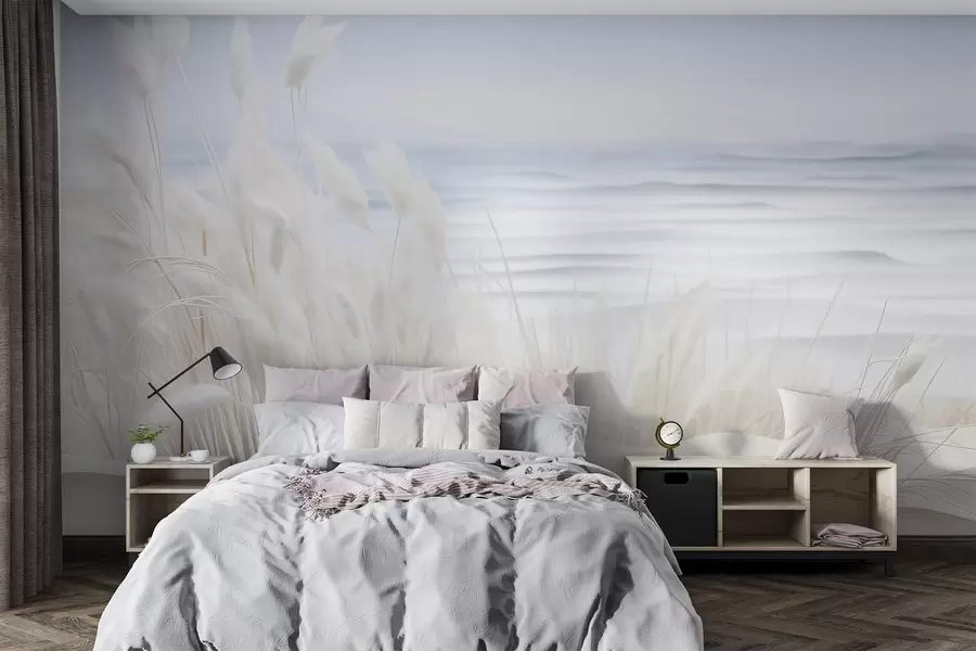 wall murals Landscape with white pampas grass on a sand dune, with a light blue ocean in the background, soft, minimalist style w09132