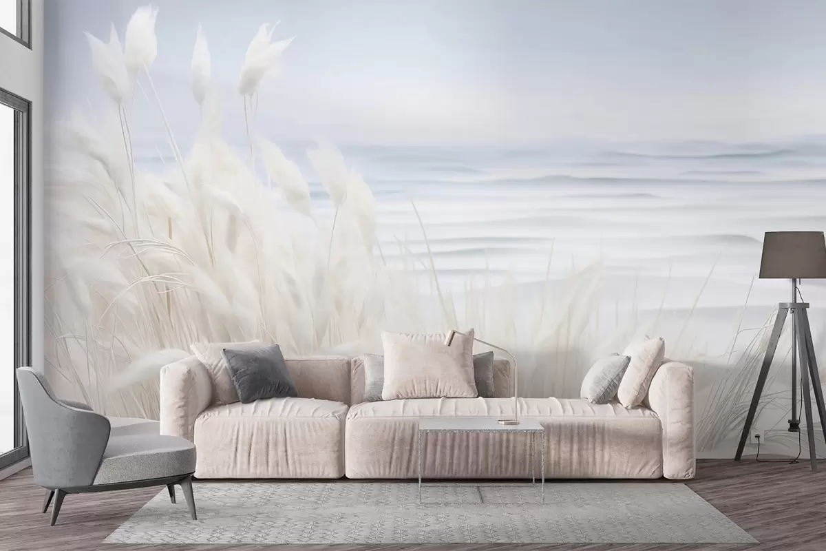 wall murals Landscape with white pampas grass on a sand dune, with a light blue ocean in the background, soft, minimalist style w09132