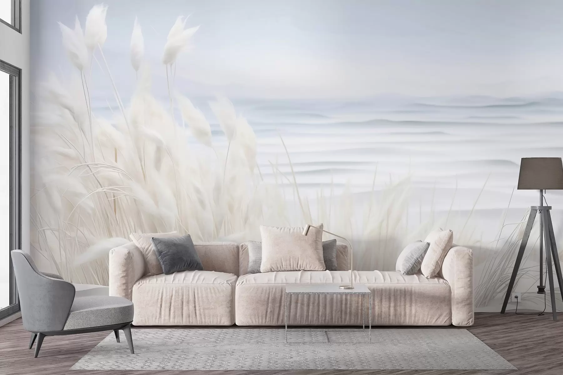 wall murals Landscape with white pampas grass on a sand dune, with a light blue ocean in the background, soft, minimalist style w09132
