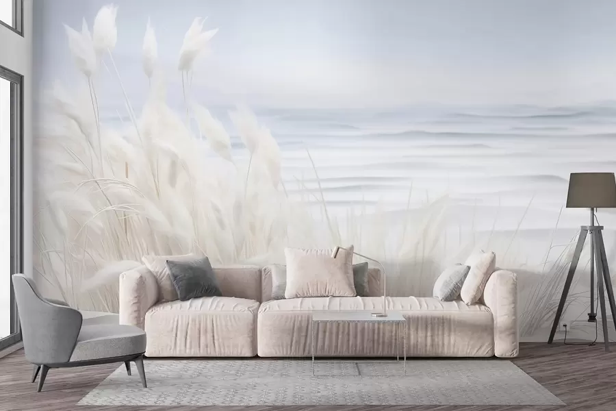 wall murals Landscape with white pampas grass on a sand dune, with a light blue ocean in the background, soft, minimalist style w09132