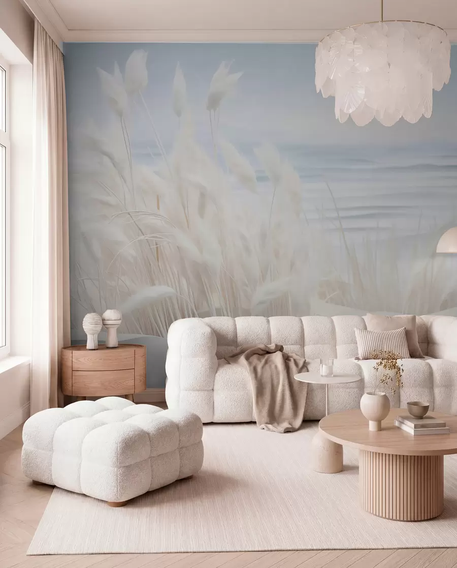 wall murals Landscape with white pampas grass on a sand dune, with a light blue ocean in the background, soft, minimalist style w09132