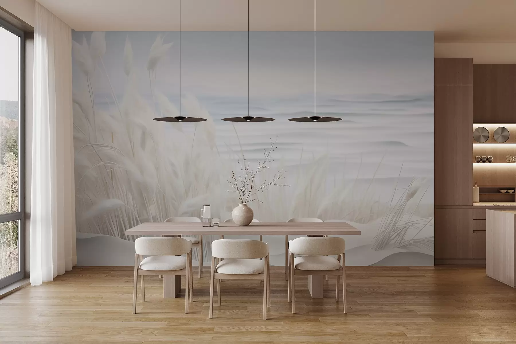 wall murals Landscape with white pampas grass on a sand dune, with a light blue ocean in the background, soft, minimalist style w09132