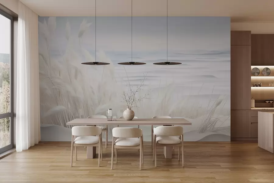 wall murals Landscape with white pampas grass on a sand dune, with a light blue ocean in the background, soft, minimalist style w09132