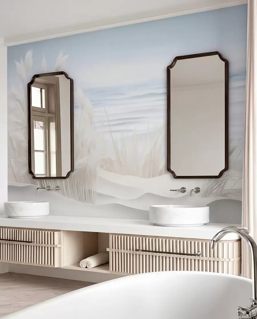 wall murals Landscape with white pampas grass on a sand dune, with a light blue ocean in the background, soft, minimalist style w09132