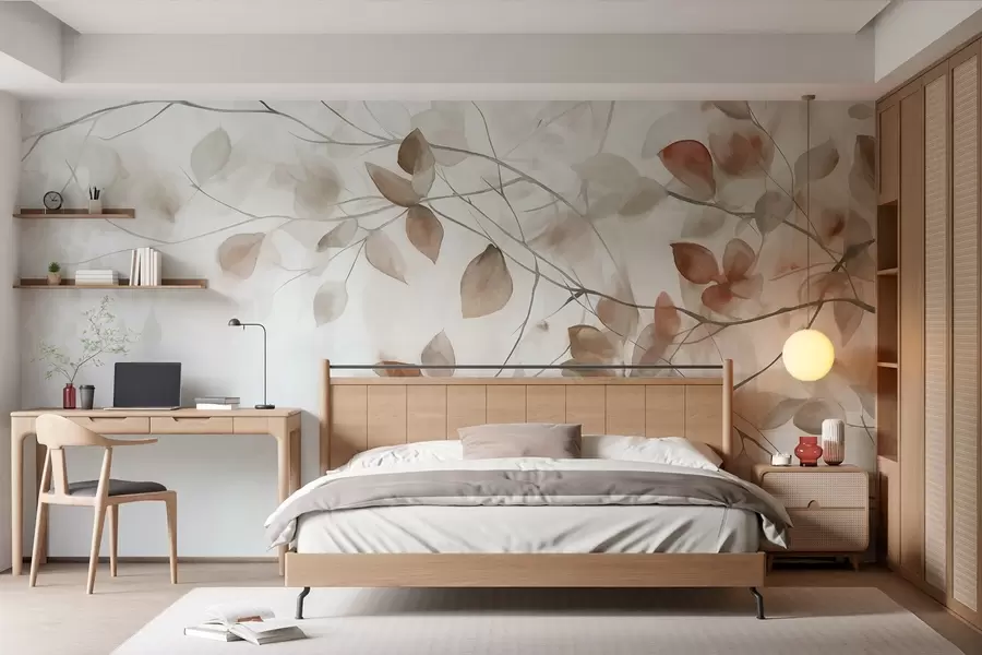 wall murals Textural watercolor painting imitation of brown leaves and branches, soft colors, delicate details against a white background w09133