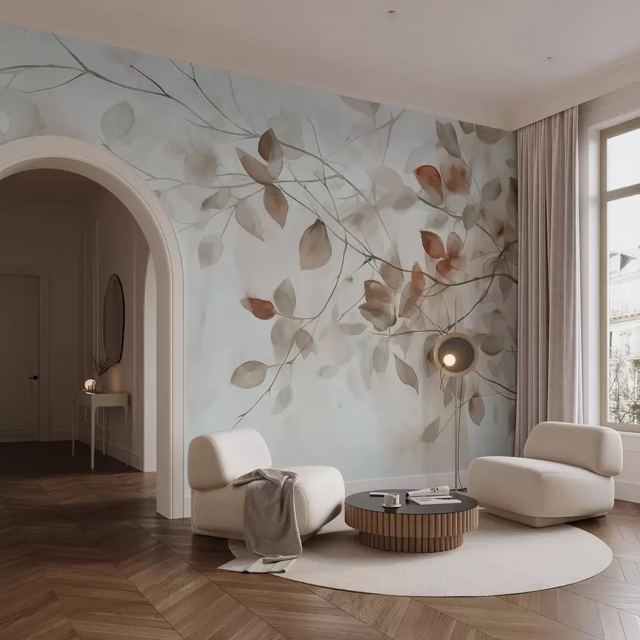 wall murals Textural watercolor painting imitation of brown leaves and branches, soft colors, delicate details against a white background w09133