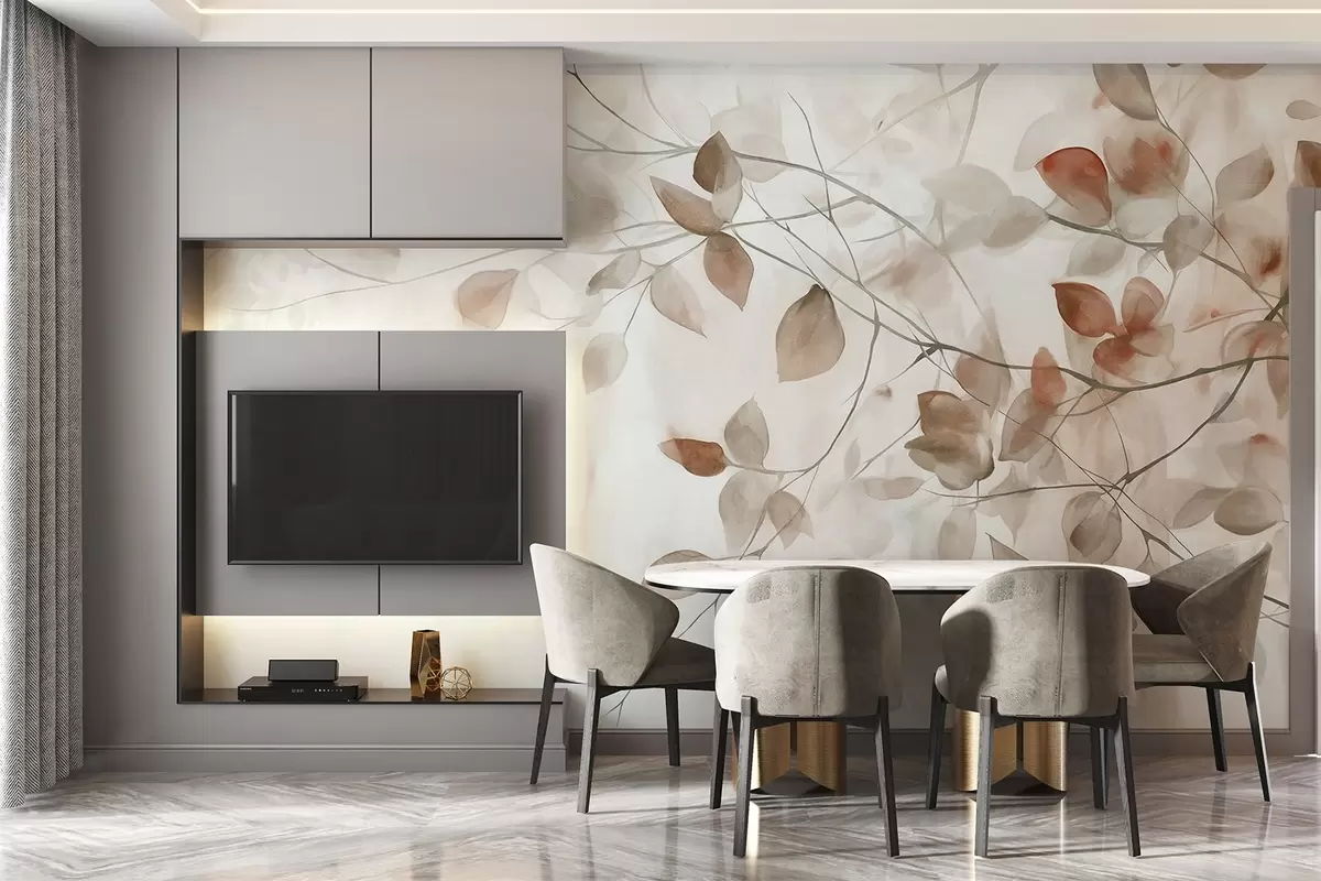 wall murals Textural watercolor painting imitation of brown leaves and branches, soft colors, delicate details against a white background w09133