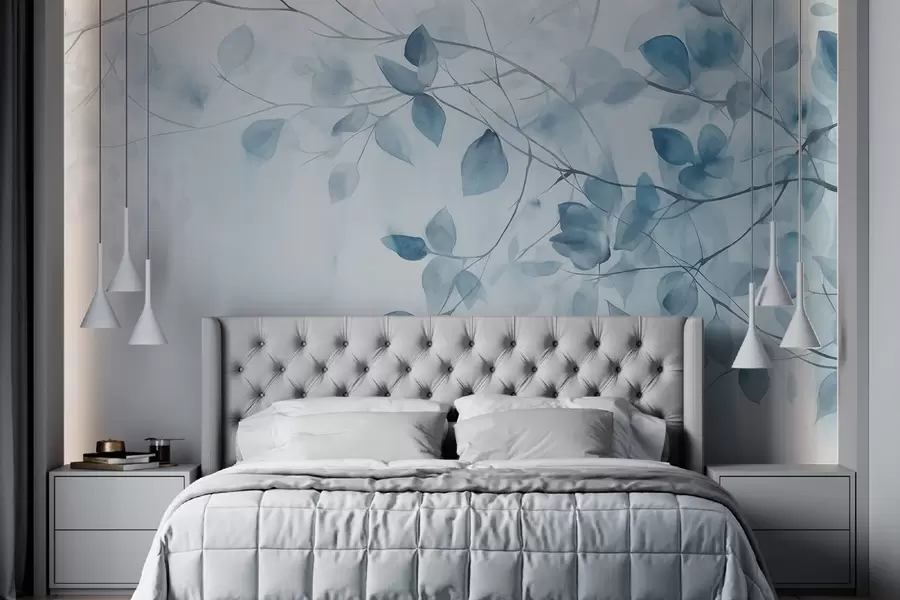 wall murals Textural watercolor painting imitation of blue leaves and branches, soft colors, delicate details against a white background w09133v1