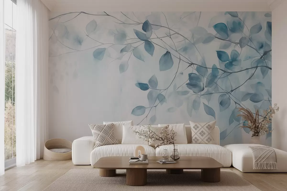 wall murals Textural watercolor painting imitation of blue leaves and branches, soft colors, delicate details against a white background w09133v1