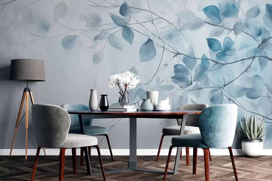 wall murals Textural watercolor painting imitation of blue leaves and branches, soft colors, delicate details against a white background w09133v1