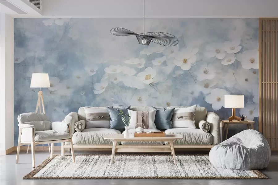 wall murals Textural field of white anemone flowers, soft focus, dreamy atmosphere, light blue and white color palette, spring meadow w09134