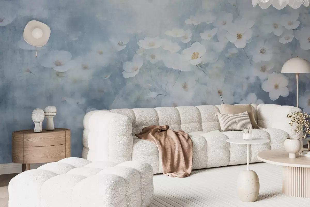 wall murals Textural field of white anemone flowers, soft focus, dreamy atmosphere, light blue and white color palette, spring meadow w09134