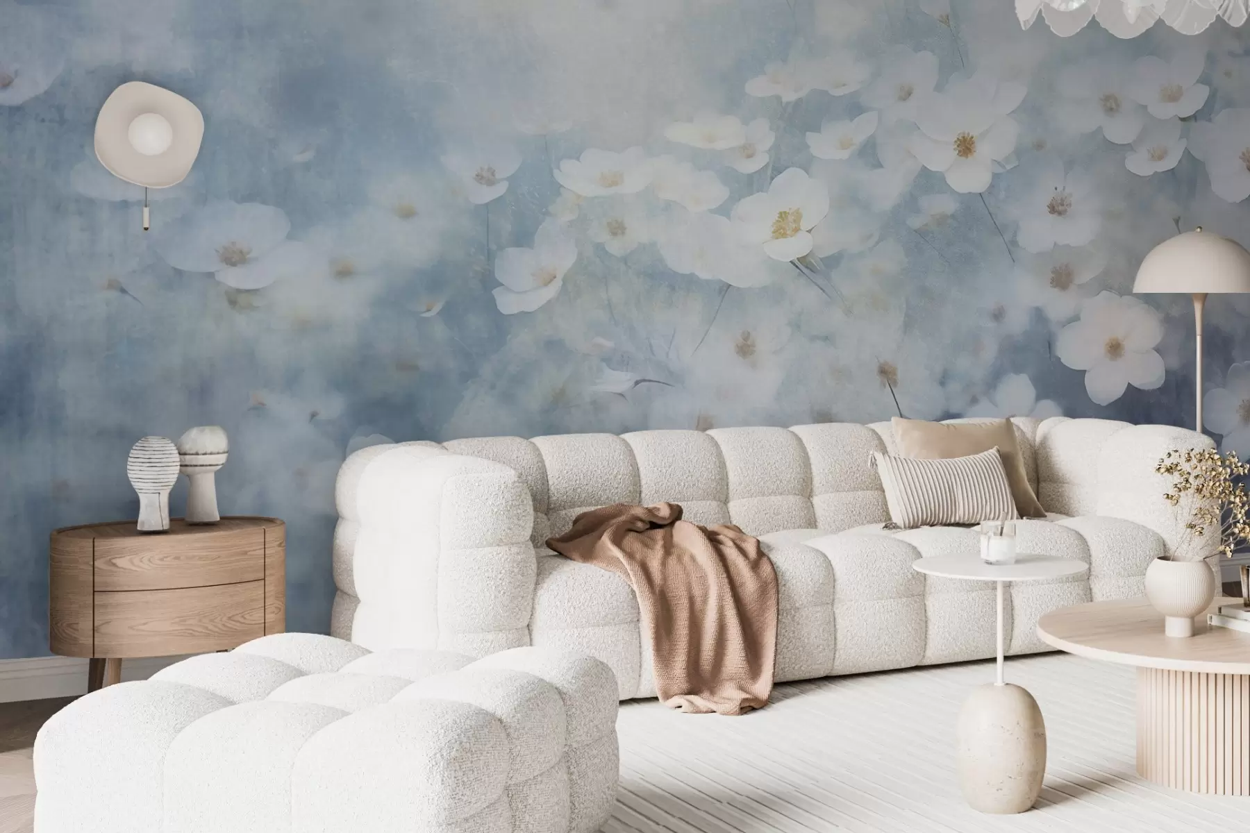 wall murals Textural field of white anemone flowers, soft focus, dreamy atmosphere, light blue and white color palette, spring meadow w09134