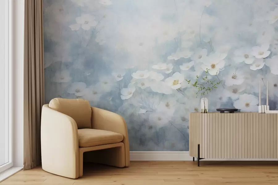 wall murals Textural field of white anemone flowers, soft focus, dreamy atmosphere, light blue and white color palette, spring meadow w09134