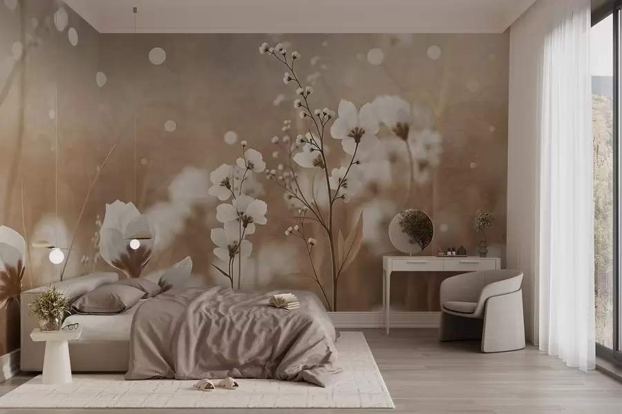 wall murals White flowers with brown stems and leaves in a field, bokeh effect, warm color palette, elegant nature-inspired artwork w09135