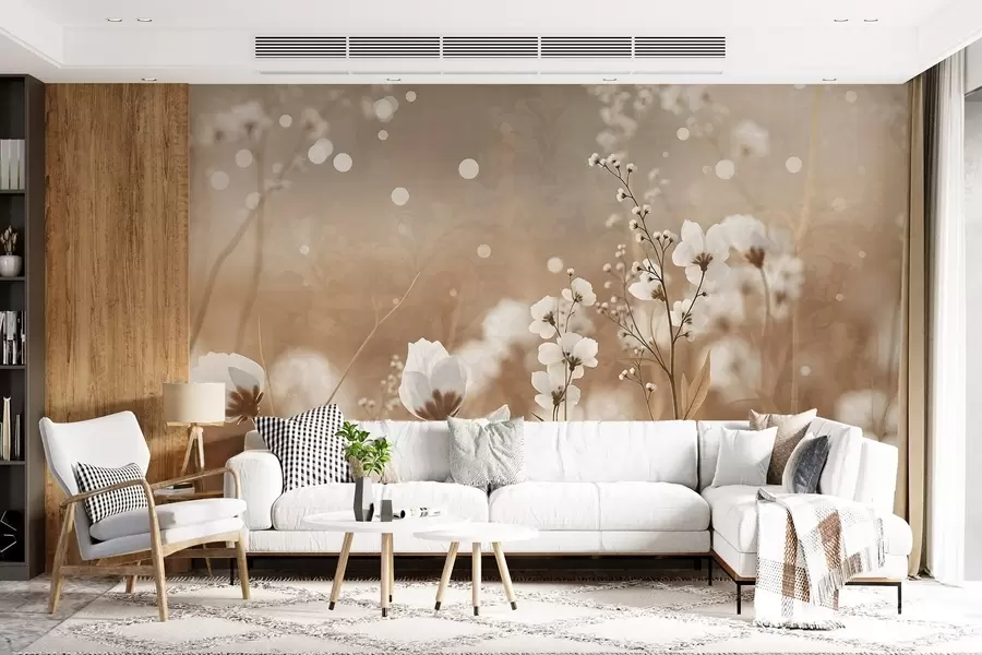 wall murals White flowers with brown stems and leaves in a field, bokeh effect, warm color palette, elegant nature-inspired artwork w09135