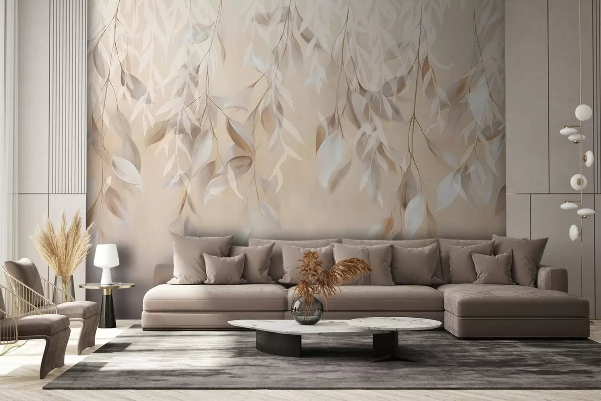 wall murals Hanging textured white and beige leaves with a soft color palette, peach, gray and white delicate background  w09136
